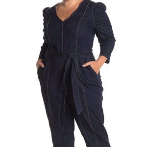 Eloquii Puff Sleeve Tie Waist Denim Jumpsuit